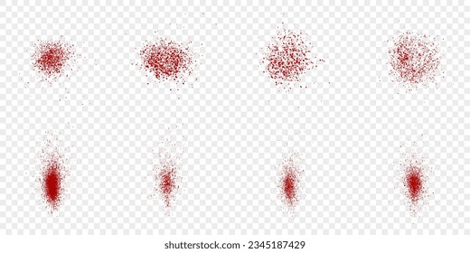 Grainy Paint Brush Set. Spray Texture, Red Grunge Circle Collection. Halftone Stain, Noise Effect. Ink Grain Splatter. Abstract Blood Splash on Transparent Background. Isolated Vector Illustration.