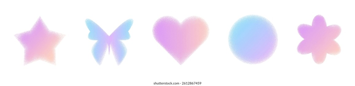 Grainy pastel gradient shapes set isolated on white background. Vector realistic illustration of pink and blue holographic heart, flower, star, butterfly, round figures with noise texture, y2k icons