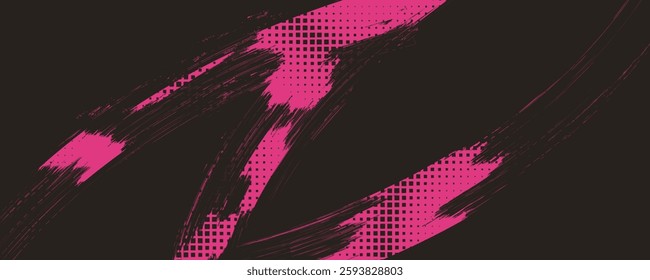 Grainy pink spiral brush stroke with spray texture. Hand drawn distress damaged edge vintage banner with spiral bold line.