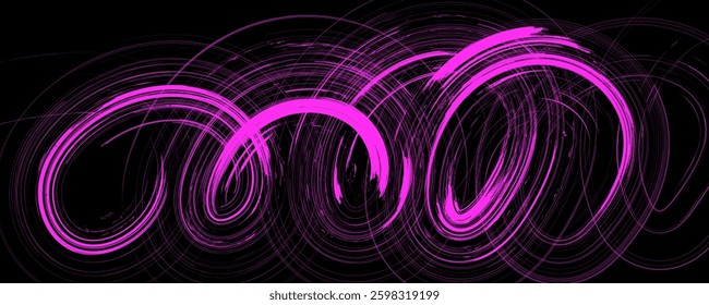 Grainy pink spiral brush stroke with spray texture. Hand drawn distress damaged edge vintage banner with spiral bold line. Grainy bold brush strokes texture with scattered tiny dots.