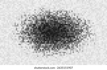 Nube de censura de píxeles granulados. El desenfoque negro centrado simula una interferencia de ruido pesado o un efecto de enmascaramiento de datos en el fondo tecnológico. Textura de alta densidad. Ilustración vectorial.