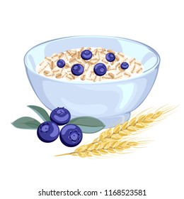 Grainy porridge with blueberries in a blue bowl isolated on white background. Vector illustration of oatmeal with berries and ears of wheat in a flat style. Healthy cereal natural breakfast.