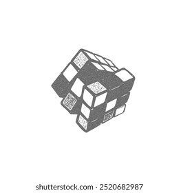 Grainy Rubik's cube puzzle, logical toy retro photocopy effect. Vintage stipple black dots texture. Y2K aesthetic old entertainment vector element isolated. Noise punk grunge art 90s style