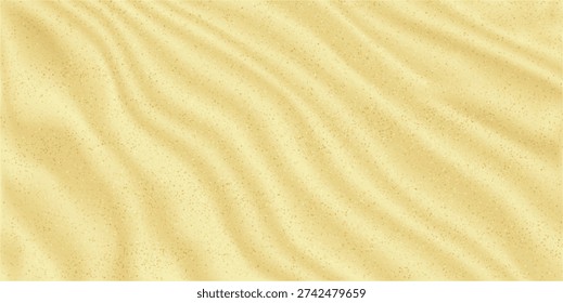 Grainy and sandy beach texture. Vector realistic style, exotic coastline or dune with waves formed by wind. Windy weather or sandstorm. Splattered grins or particles powder of sand on ground