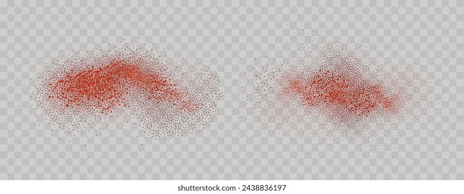 Dispersión granulada de ráfagas picantes . Salpicaduras de pimienta roja en polvo. Efecto de superposición de chile o salpicaduras de especias de pimentón. Ilustración realista del vector de la especia seca caliente.