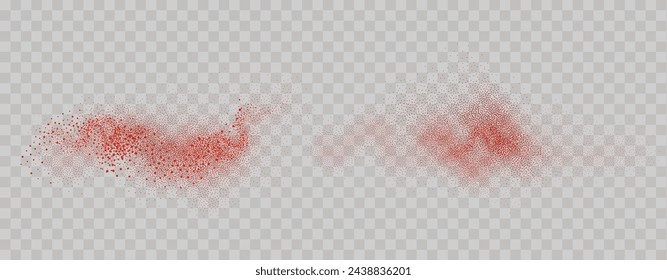 Grainy scatterings of  spicy burst . Splashes of  red pepper powder.Overlay effect chilli or paprika spice splatters. Vector realistic illustration of hot dried spice.