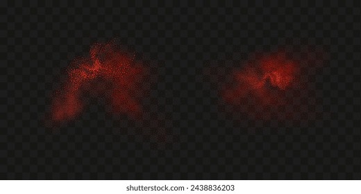 Grainy scatterings of  spicy burst . Splashes of  red pepper powder.Overlay effect chilli or paprika spice splatters. Vector realistic illustration of hot dried spice.