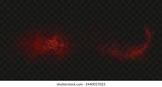 Grainy scatterings of  spicy burst . Splashes of  red pepper powder.Overlay effect chilli or paprika spice splatters. Vector realistic illustration of hot dried spice.