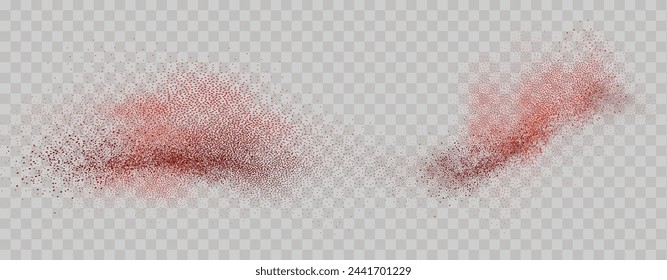 Grainy scatterings of  spicy burst . Splashes of  red pepper powder.Overlay effect chilli or paprika spice splatters. Vector realistic illustration of hot dried spice.