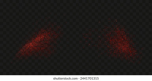 Grainy scatterings of  spicy burst . Splashes of  red pepper powder.Overlay effect chilli or paprika spice splatters. Vector realistic illustration of hot dried spice.