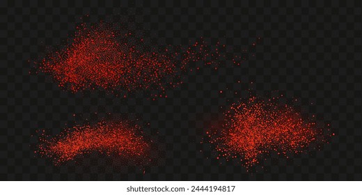 Grainy scatterings of  spicy burst . Splashes of  red pepper powder.Overlay effect chilli or paprika spice splatters. Vector realistic illustration of hot dried spice.