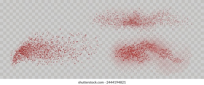 Dispersión granulada de ráfagas picantes . Salpicaduras de pimienta roja en polvo. Efecto de superposición de chile o salpicaduras de especias de pimentón. Vector ilustración realista de especias secas calientes.