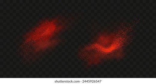 Grainy scatterings of  spicy burst . Splashes of  red pepper powder.Overlay effect chilli or paprika spice splatters. Vector realistic illustration of hot dried spice.