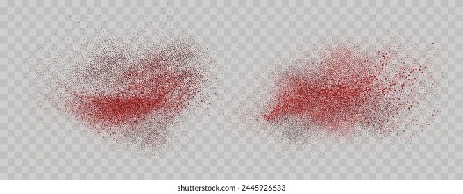 Grainy scatterings of  spicy burst . Splashes of  red pepper powder.Overlay effect chilli or paprika spice splatters. Vector realistic illustration of hot dried spice.