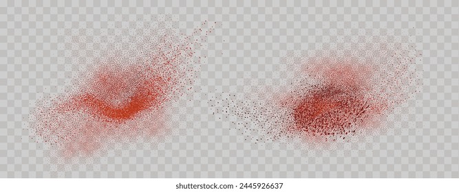 Grainy scatterings of  spicy burst . Splashes of  red pepper powder.Overlay effect chilli or paprika spice splatters. Vector realistic illustration of hot dried spice.