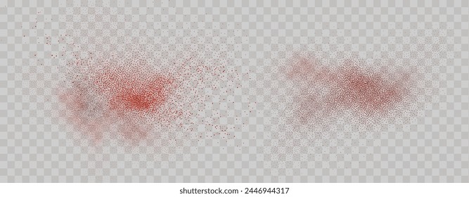 Grainy scatterings of  spicy burst . Splashes of  red pepper powder.Overlay effect chilli or paprika spice splatters. Vector realistic illustration of hot dried spice.