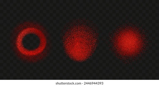 Dispersión granulada de ráfagas picantes . Salpicaduras de pimienta roja en polvo. Efecto de superposición de chile o salpicaduras de especias de pimentón. Vector ilustración realista de especias secas calientes.