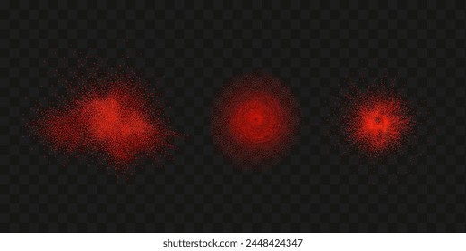 Grainy scatterings of  spicy burst . Splashes of  red pepper powder.Overlay effect chilli or paprika spice splatters. Vector realistic illustration of hot dried spice.