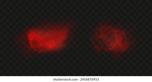 Grainy scatterings of  spicy burst . Splashes of  red pepper powder.Overlay effect chilli or paprika spice splatters. Vector realistic illustration of hot dried spice.