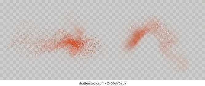 Grainy scatterings of  spicy burst . Splashes of  red pepper powder.Overlay effect chilli or paprika spice splatters. Vector realistic illustration of hot dried spice.