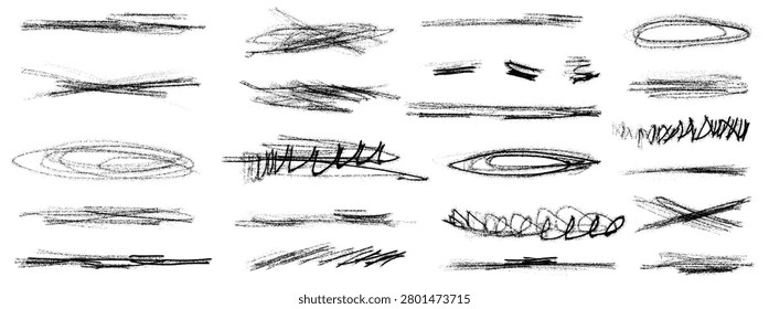 Grainy scribble with paint spray and messy highlight for poster or card. Brush divider grunge in scratchy grainy scribble marks. Hand drawn vector oval, strikethrough and dividers pack isolated on bg.