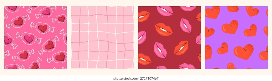 Conjunto de patrón transparente granulado para el día de San Valentín. Caramelos, labios, corazones, cheques dibujados a mano. Fondos románticos para envolver papel, textiles, Web y diseños de vacaciones. Azulejos de Vector. Muestras incluidas.