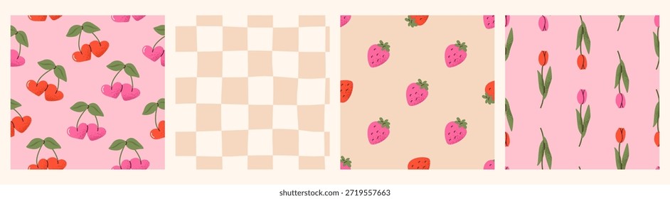 Grainy seamless pattern set for Valentines Day. Cherry, checkerboard, strawberries and flowers. Romantic backgrounds for wrapping paper, textiles, web, holiday designs. Vector tiles. Swatches included