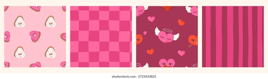 Conjunto de patrón transparente granulado para el día de San Valentín. Donuts, tablero de ajedrez, patrón de rayas, corazones. Fondos románticos para envolver papel, textiles, Web, diseños de vacaciones. Azulejos de Vector. Muestras incluidas.