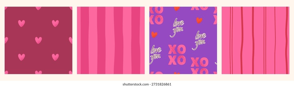 Conjunto de patrón sin fisuras granulado para el día de San Valentín. Corazones, letras, patrones a rayas. Fondos románticos para papel de regalo, textiles, Web, diseños de vacaciones. Azulejos de Vector. Muestras incluidas