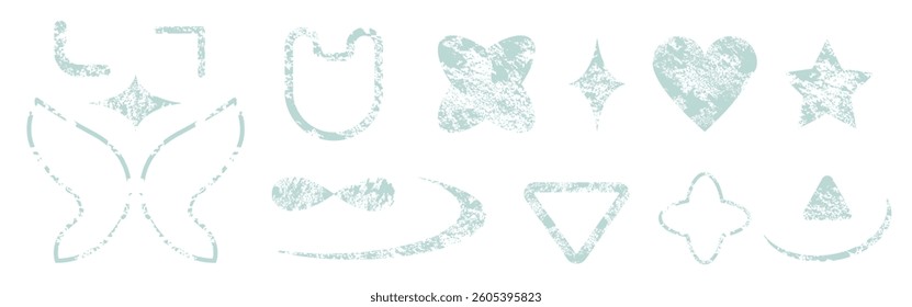 Grainy shapes set isolated on white background. Vector realistic illustration of turquoise heart, flower, star, butterfly figures with gradient noise texture, y2k halftone icons, photocopy effect