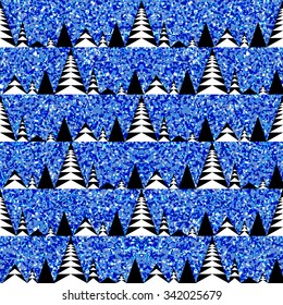 Grainy, shiny texture of the paper. Bright, festive glitter abstract vector background. Seamless geometric pattern with Christmas trees. Wallpaper, fabric, wrapping paper.