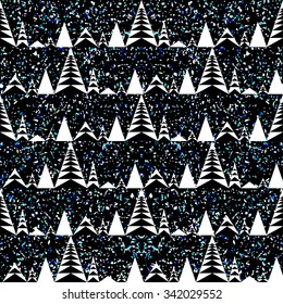 Grainy, shiny texture of the paper. Bright, festive glitter abstract vector background. Seamless geometric pattern with Christmas trees. Wallpaper, fabric, wrapping paper.