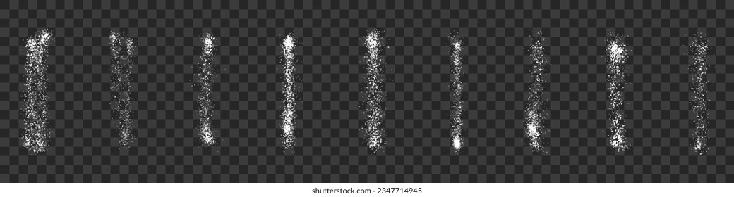 Grainy Splash White Spray Set. Grunge Brushstroke Paint Set. Stain Dotted Splatter. Spatter Ink, Line Paintbrush Stroke. Abstract Design On Transparent Background. Isolated Vector Illustration.