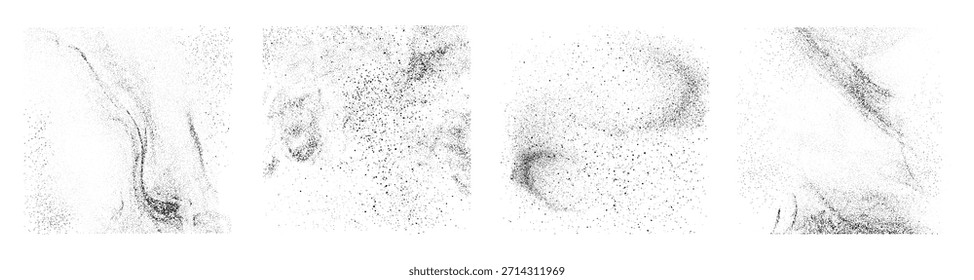 Salpicaduras granuladas con efecto de polvo realista, polvo o rastros de arena establecidos. Marcas de partículas de punto aisladas de Vector en la superficie, elemento de polvo de estrellas grungy para el arte, la decoración del hogar y el diseño de la tipografía