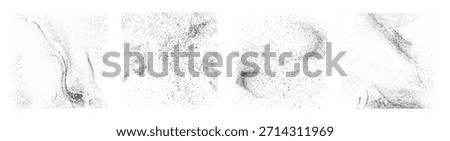Grainy splashes with realistic dust effect, powder or sand traces set. Vector isolated dot particles marks on surface, grungy stardust item for art, home decor and design of typography