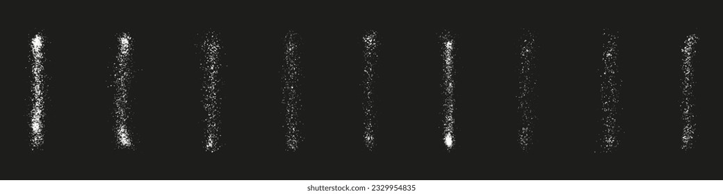 Grainy Spray, Splash Brushstroke Set. Grunge Paint Stroke Collection. Spatter Ink, Line Paintbrush. White Stain, Splatter Dotted. Abstract Graphic Design Element. Isolated Vector Illustration.