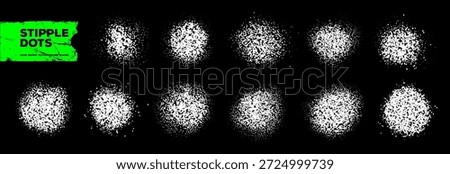 Grainy stipple white dots with vandal aerosol effect. Dissolve spray paint dots and circles on black background. Radial grain gradient stippled shapes. Aerosol texture circles. White dust powder.