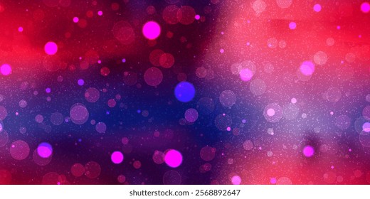 Grainy texture and bokeh overlay on lilac neon seamless bg. Vector illustration of gradient mesh in red and blue. Wallpaper with blur