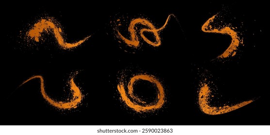 Grainy texture effect set. Rough shape decoration. Abstract lines with golden waves style. Brown colors isolated on black background. Graphic design with elegant concept for art, poster, flyer, etc