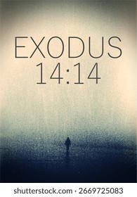 uma qualidade granulada e texturizada, com um primeiro plano escuro e turvo que muda para um plano de fundo mais claro e nebuloso, , as palavras "ÊXODO 14:14" estão escritas.