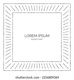 Grainy textured square frame. Black stipple dots sunbeams separator and divider. Noise dot rays frame. Vector