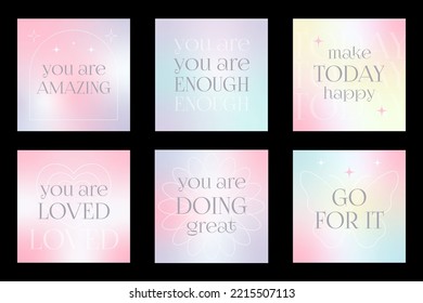 Grainy vector mesh gradients with soft transitions. Pastel colors. Y2k gradient postcards quotes. Trendy minimalist designs for banners, social media, covers.