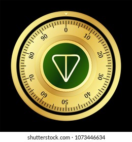 GRAM (TON) cryptocurrency safe lock. Eps10 vector illustration isolated on black background.