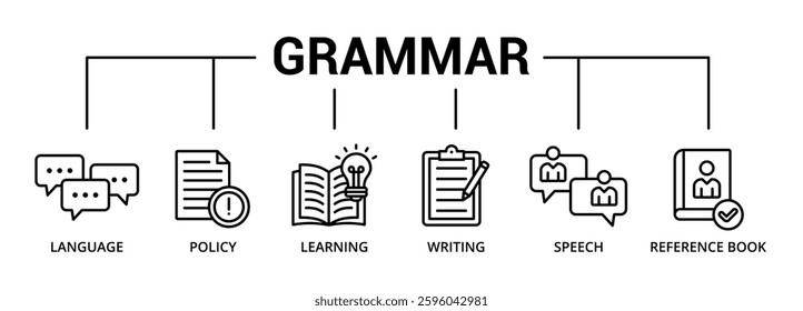 Grammar banner icon with language, policy, learning, writing, speech, reference book