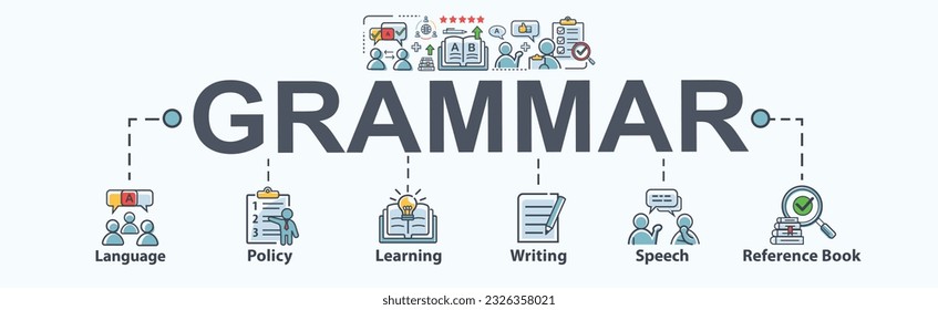 Grammar banner web icon for language education, communication, policy, learning, writing, speech, and reference book. minimal vector infographic.