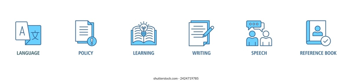 Grammar banner web icon set vector illustration concept for language education with icon of communication, policy, learning, writing, speech, and reference book