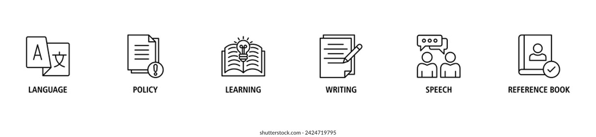 Grammar banner web icon set vector illustration concept for language education with icon of communication, policy, learning, writing, speech, and reference book