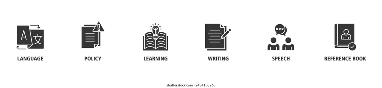 Icono de Web de Anuncio de gramática establece el concepto de Ilustración vectorial para la educación del lenguaje con el ícono de comunicación, política, aprendizaje, escritura, discurso y libro de referencia