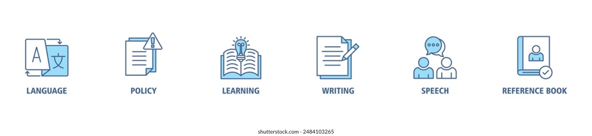 Icono de Web de Anuncio de gramática establece el concepto de Ilustración vectorial para la educación del lenguaje con el ícono de comunicación, política, aprendizaje, escritura, discurso y libro de referencia