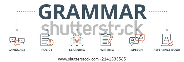 Grammar banner web icon vector\
illustration concept for languange education with icon of\
communication, policy, learning, writing, speech, and reference\
book
